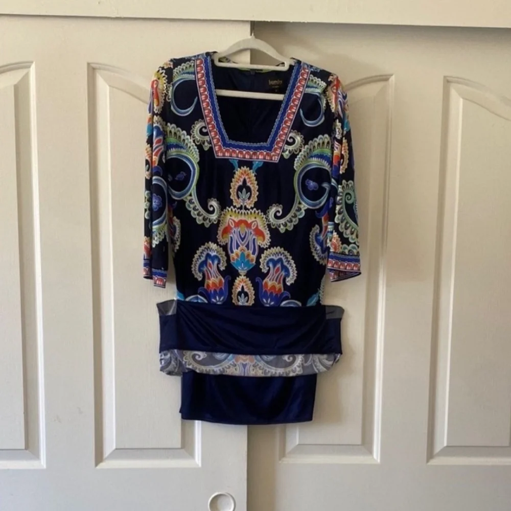 Laundry By Shelli Segal Navy Dress with Patterned Trim. Size 0 - Picture 3 of 7